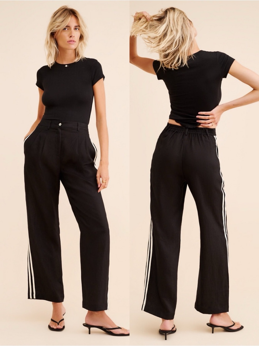 Donni | Linen Stripe Pants Pleated Trousers Medium Black/Cream